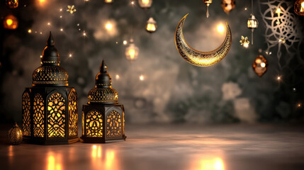 Elegant Ramadan greeting with gold accents on rich green hues -  Eid Mubarak