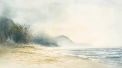 Watercolor seascape painting featuring sandy beach, gentle waves, and a foggy landscape