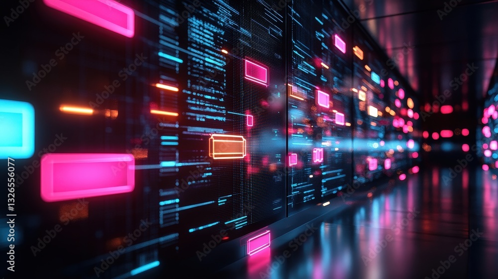 Poster a vibrant digital display featuring colorful lights and data streams, creating a futuristic and high