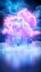 Fototapeta premium Neon city on a cloud, vibrant colors, dramatic sky