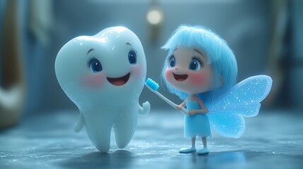 A whimsical tooth fairy with vibrant blue hair guides a joyful tooth in maintaining oral hygiene with a toothbrush