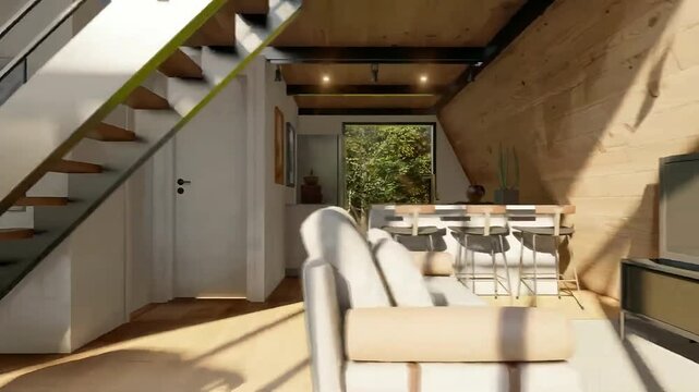 A frame shape duplex house architecture and interior design 3d visualization. Modern architectural design walkthrough animation. Architectural design motion graphic 3d rendering.