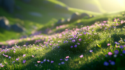 Obraz premium Beautiful wildflowers bloom in a serene meadow under soft sunlight during springtime