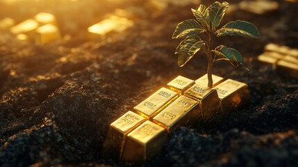 A young tree growing amidst gold bars, symbolizing growth and financial opportunities