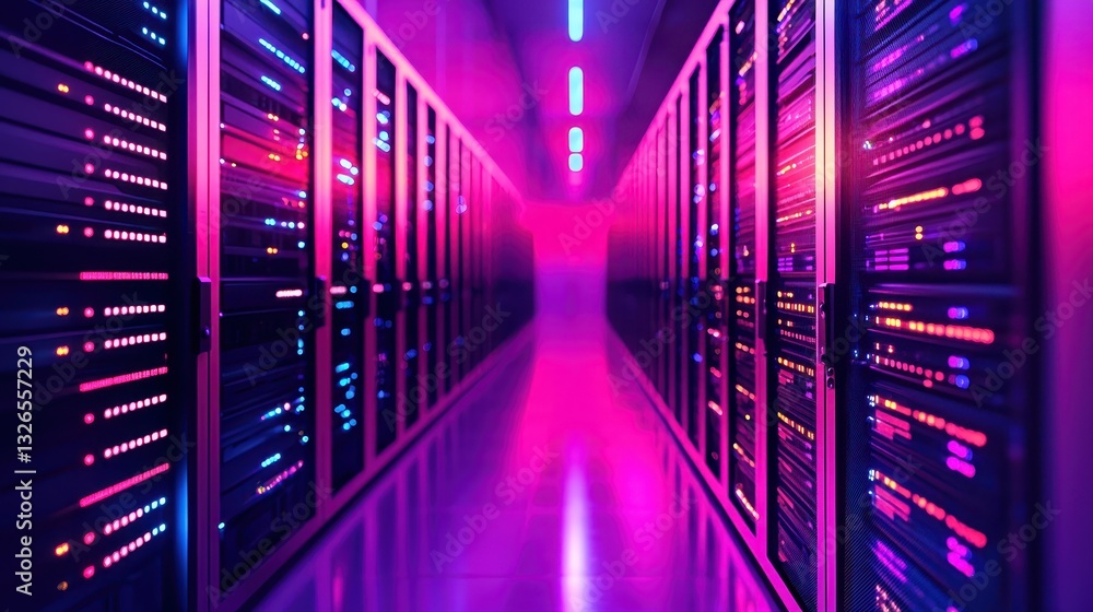 Poster technology infrastructure with colorful server racks in datacenter