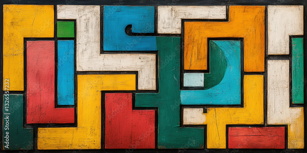Poster a maze-like abstract painting showcasing intricate patterns and colors in a high-fidelity design.