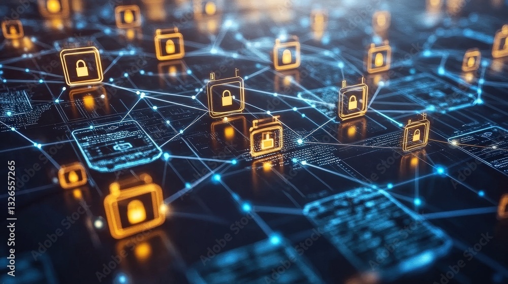 Poster a digital representation of a network with glowing locks and icons, symbolizing cybersecurity and da