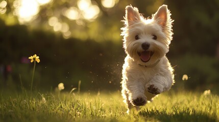 A West Highland White Terrier playing on green grass in a backyard in the summer.
