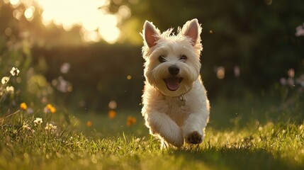 A West Highland White Terrier playing on green grass in a backyard in the summer.