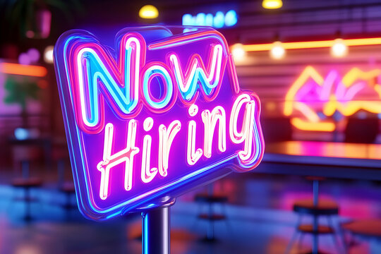 Neon sign advertising job openings in a trendy cafe - Powered by Adobe