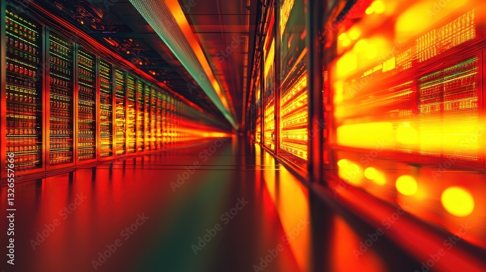 Poster futuristic data center with colorful led lights and server racks