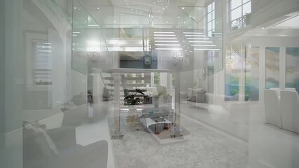 Dinning room interior design animation. Real estate building apartment luxurious interior motion graphics.Luxurious apartment interior design visualization. Modern architectural design walkthrough.