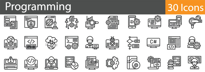 Programming Line Icons Set. Collection of 30 outline icons representing coding, software development, and computer science. Editable stroke vector illustration
