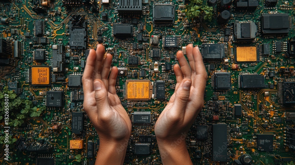 Poster hands protecting a central processor on a circuit board.