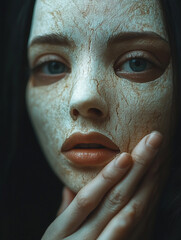 Fototapeta premium Portrait of a woman with a cracked mask in dim light