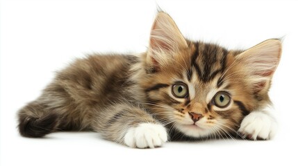 Obraz premium Fluffy Tabby Kitten on White Background