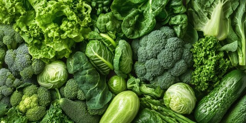 A vibrant range of fresh green vegetables, including cucumbers, broccoli and a variety of leafy greens, showcase the health benefits of each.