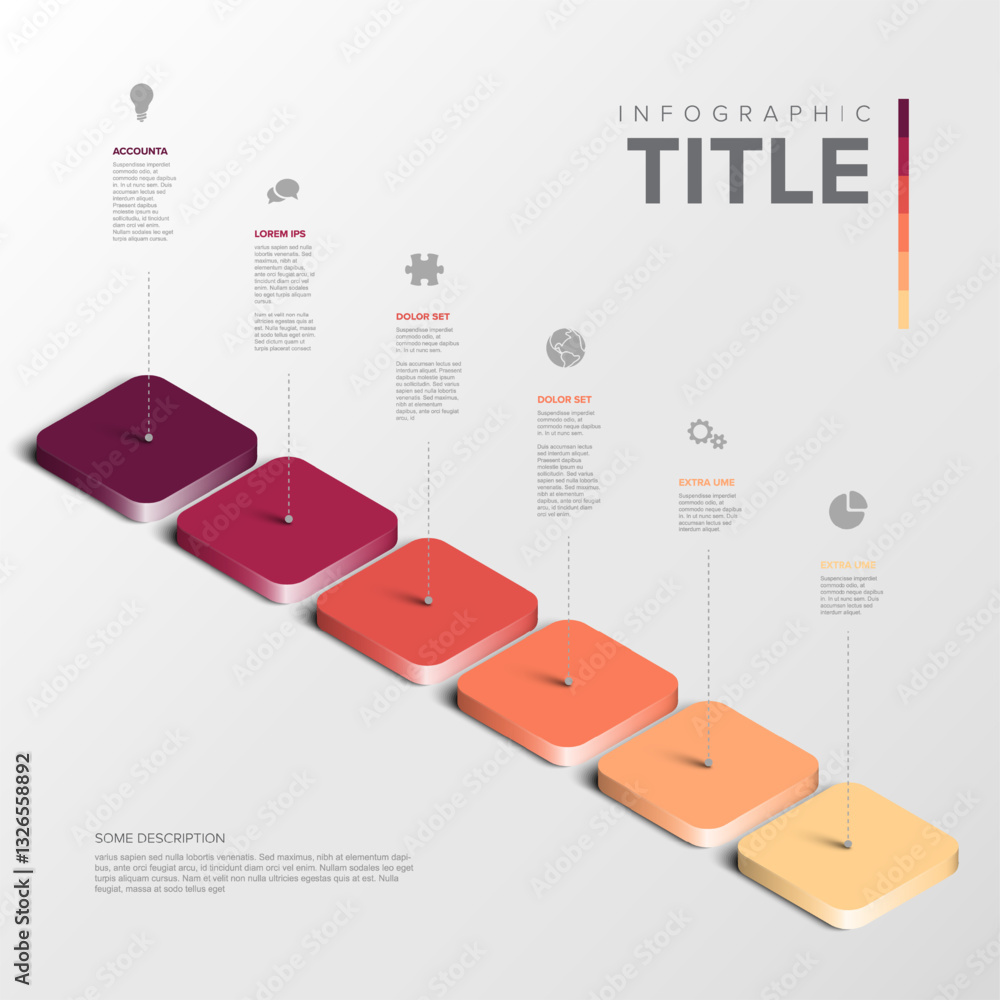 Poster a modern infographic with six colorful gradient blocks in progression and icons. it illustrates step