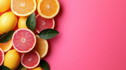 Fresh fruit border on pink background. Summer food, healthy food, vitamin C citrus fruits tropics.