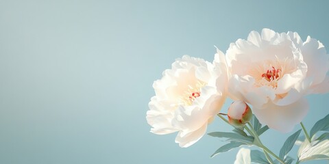 Close-up of a white peony flower, soft background, soft focus. Free space for your text.