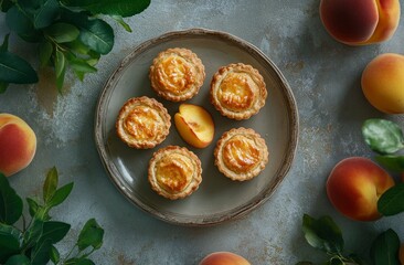 Delicious Peach Tarts on Plate with Fresh Peaches and Greenery