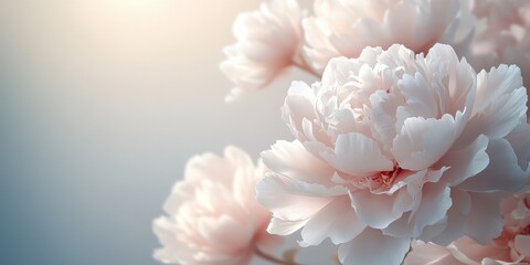 Close-up of a white peony flower, soft background, soft focus. Free space for your text.