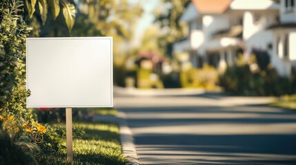 Blank yard sign on residential street background. Mock-up of a blank yard sign for real estate or other purposes.