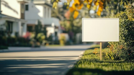 Blank yard sign on residential street background. Mock-up of a blank yard sign for real estate or other purposes.