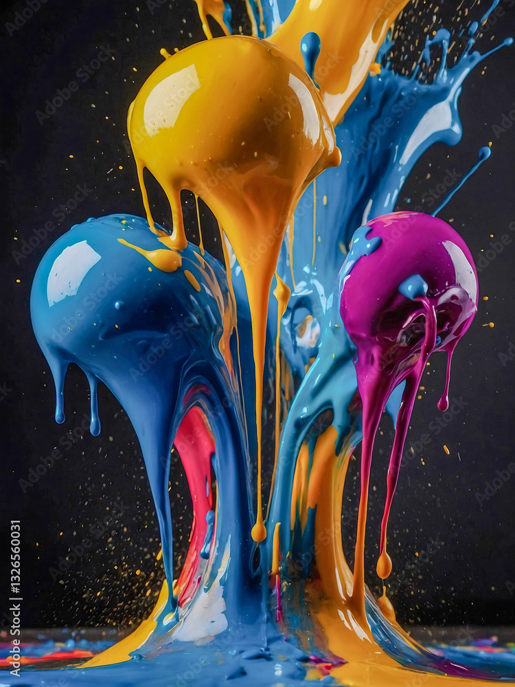 Poster colorful paint splashes creating dynamic effects, perfect for artistic and creative projects.