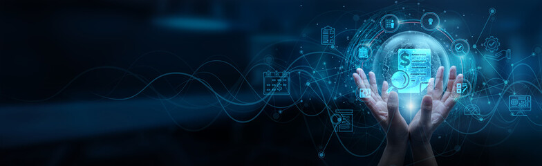 Hand man holding of global audit network connection, risk assessment compliance verification financial statements, internal controls data analysis regulatory requirements, gathering recommendations.