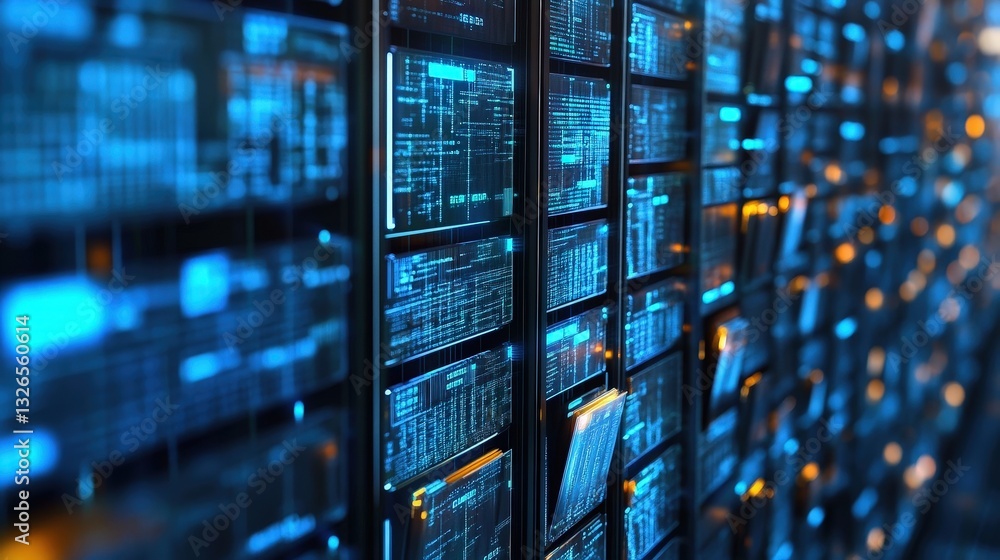 Poster a close-up view of illuminated data servers displaying intricate blue patterns, symbolizing advanced