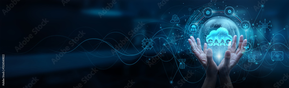 Poster saas. hand man holding of global data network connection, cloud computing infrastructure platform sy
