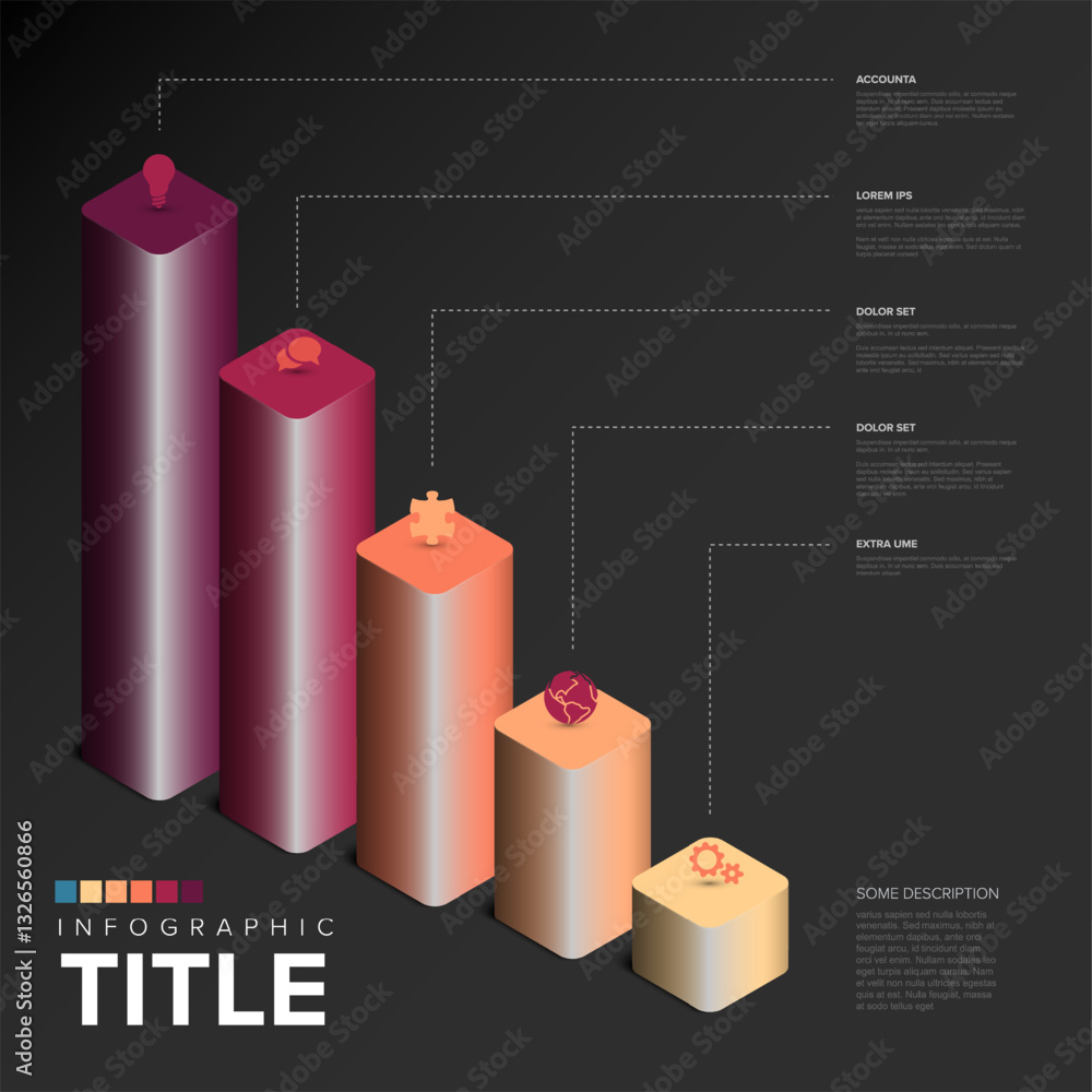 Poster 3d business infographic features gradient cubes with text, icons, and lines on dark background. the 