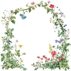 Fototapeta premium wild flowers with vines border which I can use around an arch. White background. Watercolour. 