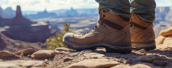 Fototapeta premium A person wearing hiking boots standing on rocky terrain outdoors