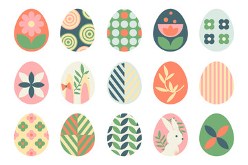 Easter eggs drawing clipart set. Happy easter egg flat clip art collection in colorful and multicolored paint art for traditional hunting celebration. Vector illustration flat oval shape elements