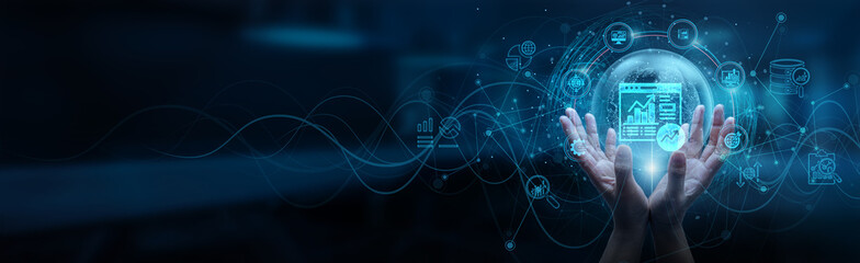 Web Analytics. Hand man holding of global web analytics network connection, page views bounce rate conversion rate, user behavior data visualization reporting, traffic sources keyword analysis.