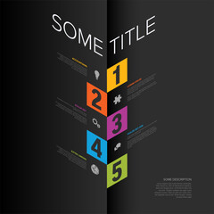 This is a colorful infographic featuring five numbered sections with icons and text. Each section is uniquely colored, showcasing information in a sequence from one to five on dark background.