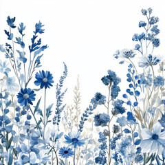 Wildflowers only blue and white tones,Dusty Blue Floral Border,wreath,Watercolor, quality, white background 