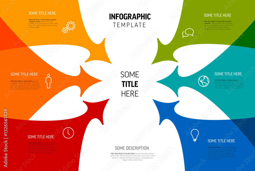 Poster a colorful infographic template featuring six arrows pointing towards a central title. the design in