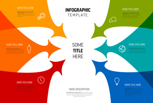 A colorful infographic template featuring six arrows pointing towards a central title. The design includes icons and text areas for customizable data representation and organization.