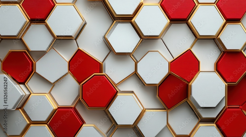 Poster abstract red and white hexagon pattern.