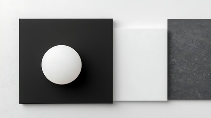 A minimalist arrangement of geometric shapes featuring a white sphere on varying colored backgrounds, emphasizing simplicity and design.