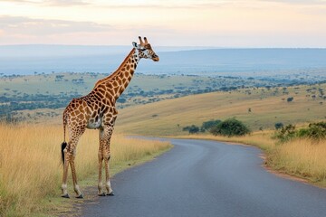 Obraz premium Giraffe gracefully stands beside a winding road in the African savanna at dawn, framed by golden grasses and distant hills