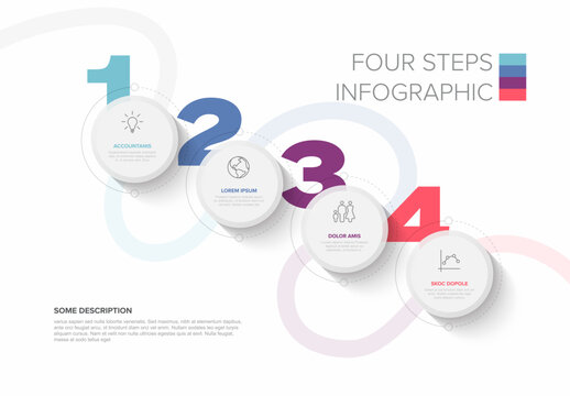 A modern four-step infographic with circular elements and numbered sections. It features clean typography, icons, and a minimalist style ideal for business or presentation visuals. - Powered by Adobe