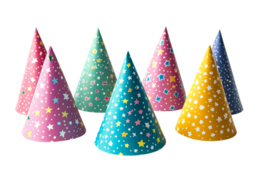 Colorful party hats arranged on a transparent background