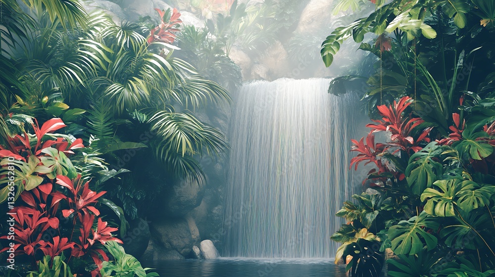 Poster waterfall serenity: a tranquil scene unfolds with a majestic waterfall cascading into a serene pool,