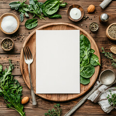 Empty A4 size restaurant menu mock-up on rustic wooden table with fresh herbs and fork
