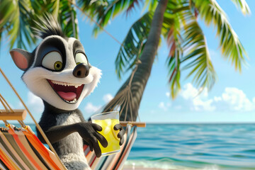 A cartoonish, happy skunk lies in a hammock on an exotic island under palm trees against the backdrop of the ocean with a glass of lemonade in his hand.