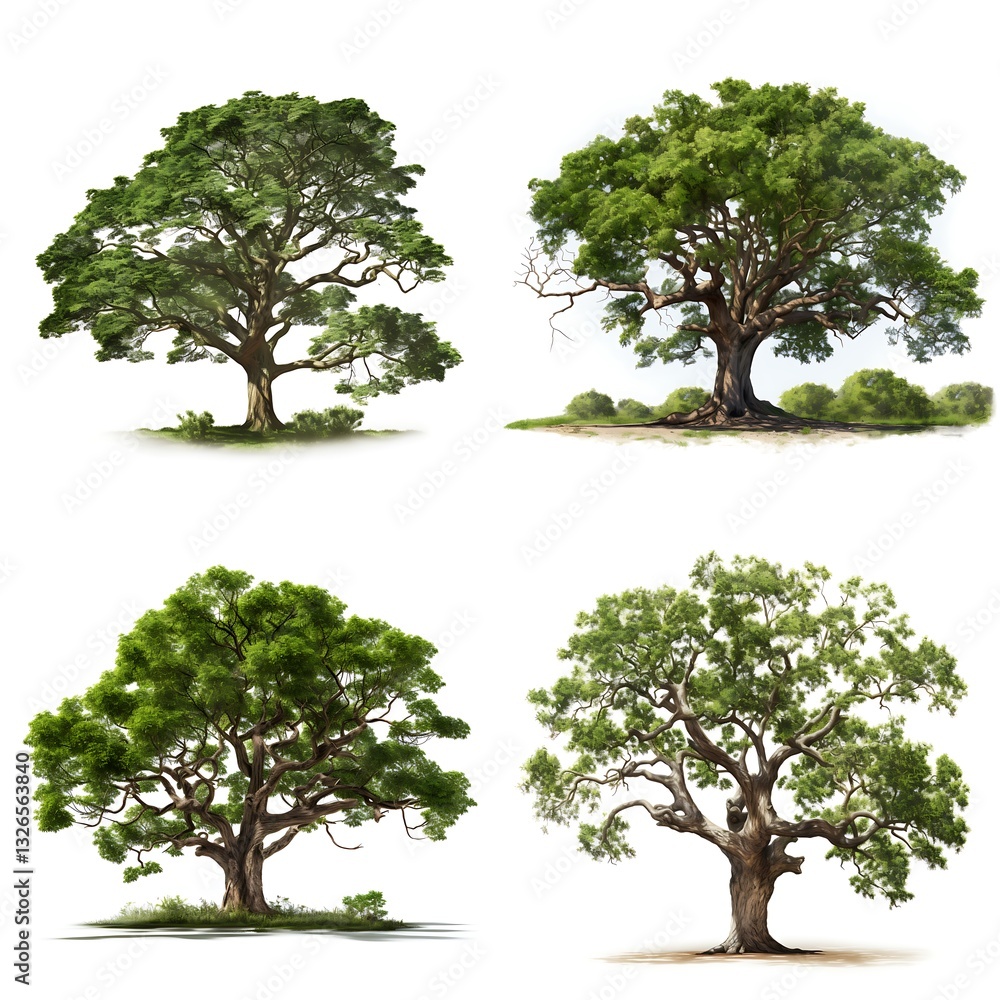 Poster diverse trees collection: a visually diverse collection of four magnificent trees, each with unique 